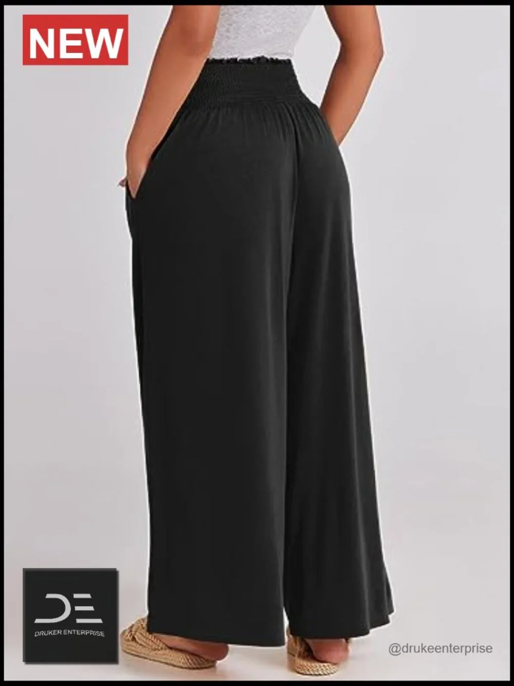 Wide Leg Palazzo Pants with Pockets, High Rise Smocked Waist, Summer Boho - Picture 5 of 7